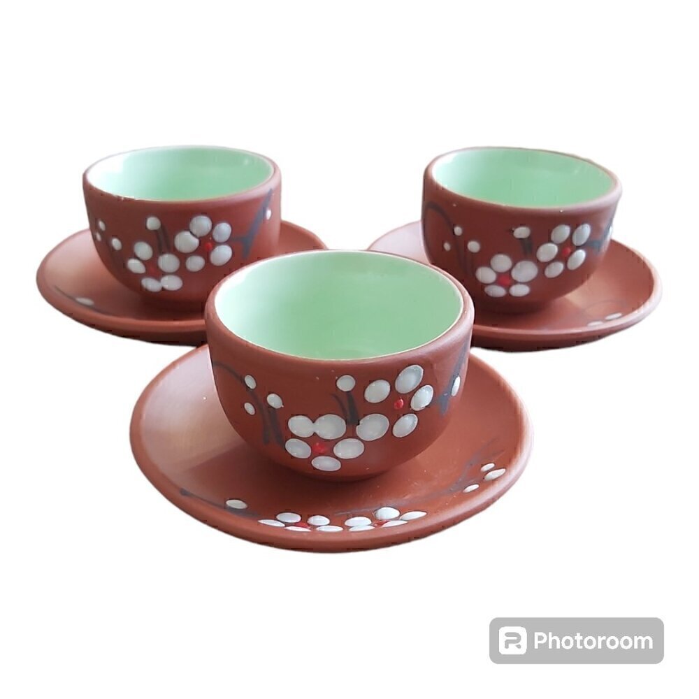 Hand-Painted Ochoko Sake Set – Terracotta & Teal Plum Blossom Design - Set Of 3
